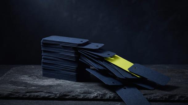 A tall stack of dark navy price tags toppling and sliding apart across a slate slab, with a single bright chartreuse tag buried in the fallen pile.