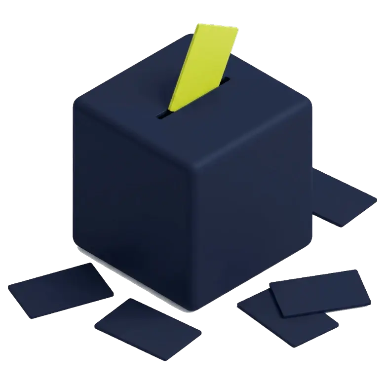 Isometric navy ballot box with an acid-yellow voting slip entering the slot on top, and five navy slips lying unused on the ground around it