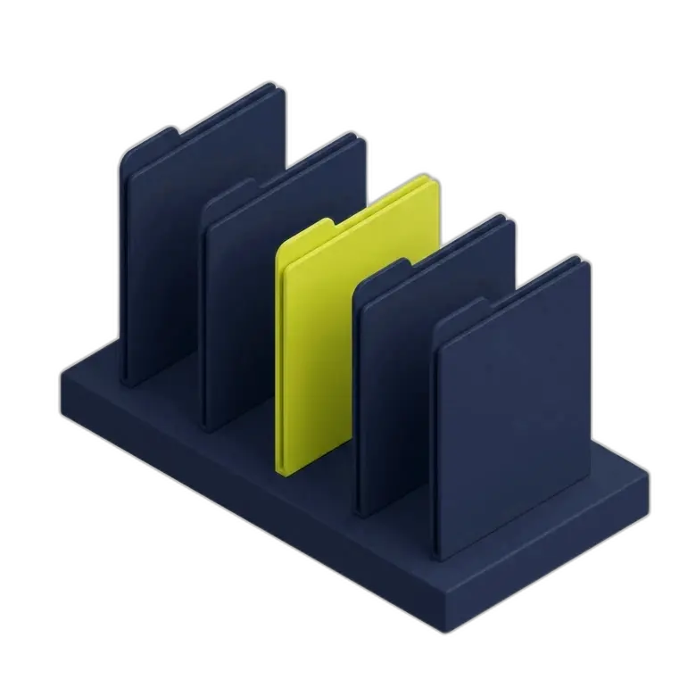 Isometric row of five identical navy file folders on a plinth, with the third folder rendered in acid-yellow as the one that stands out