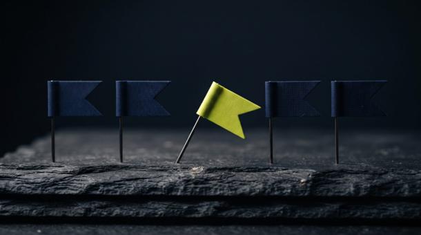 Five small navy marker flags stuck in dark slate, evenly spaced, one of them bright chartreuse and leaning.