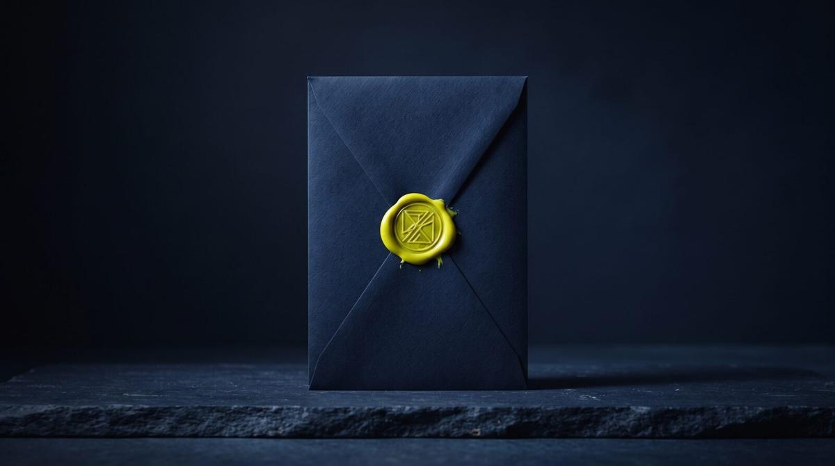 A sealed envelope standing upright on navy stone, its wax seal catching the light