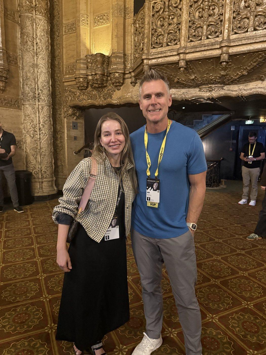 Anne Becheru with Dan Martell, one of the two major donors to the Build with Gemini XPRIZE, in the theatre lobby.