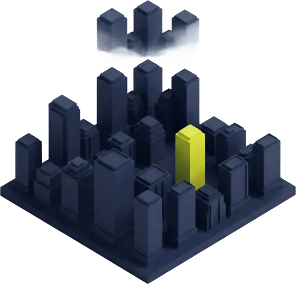 Isometric city block of towers seen from above, a single tower lit in acid yellow