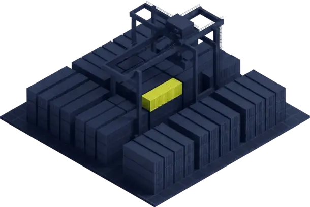 Isometric container yard under a gantry crane, one container in acid yellow
