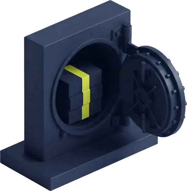 Isometric open bank vault with stacked document blocks, one banded in acid yellow