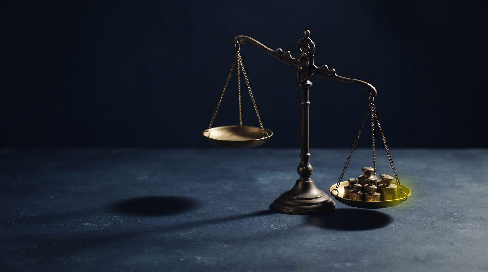 A brass balance scale on navy stone, one pan low, casting a long shadow