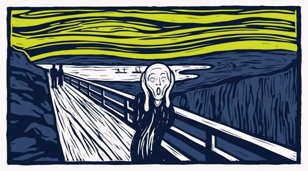 A woodcut print after Munch's The Scream, in navy and acid yellow-green: the figure on the bridge clutches its face while two others stand calmly further down the same walkway.