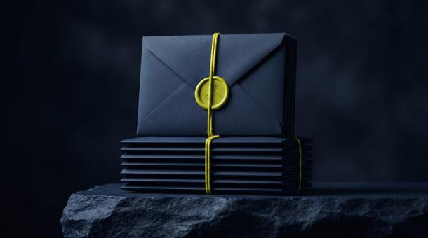 A stack of unopened navy envelopes on stone, bound together with a taut cord in acid yellow-green.