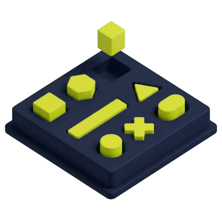 Isometric navy plate with differently shaped sockets, each holding an acid-yellow connector, and one more descending into the last open socket