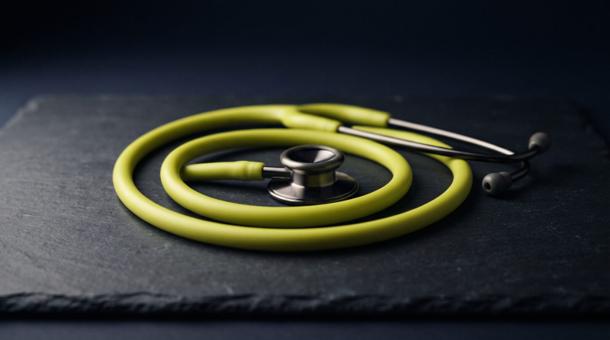 A stethoscope coiled on dark slate, its chest piece in steel and its tubing bright chartreuse.