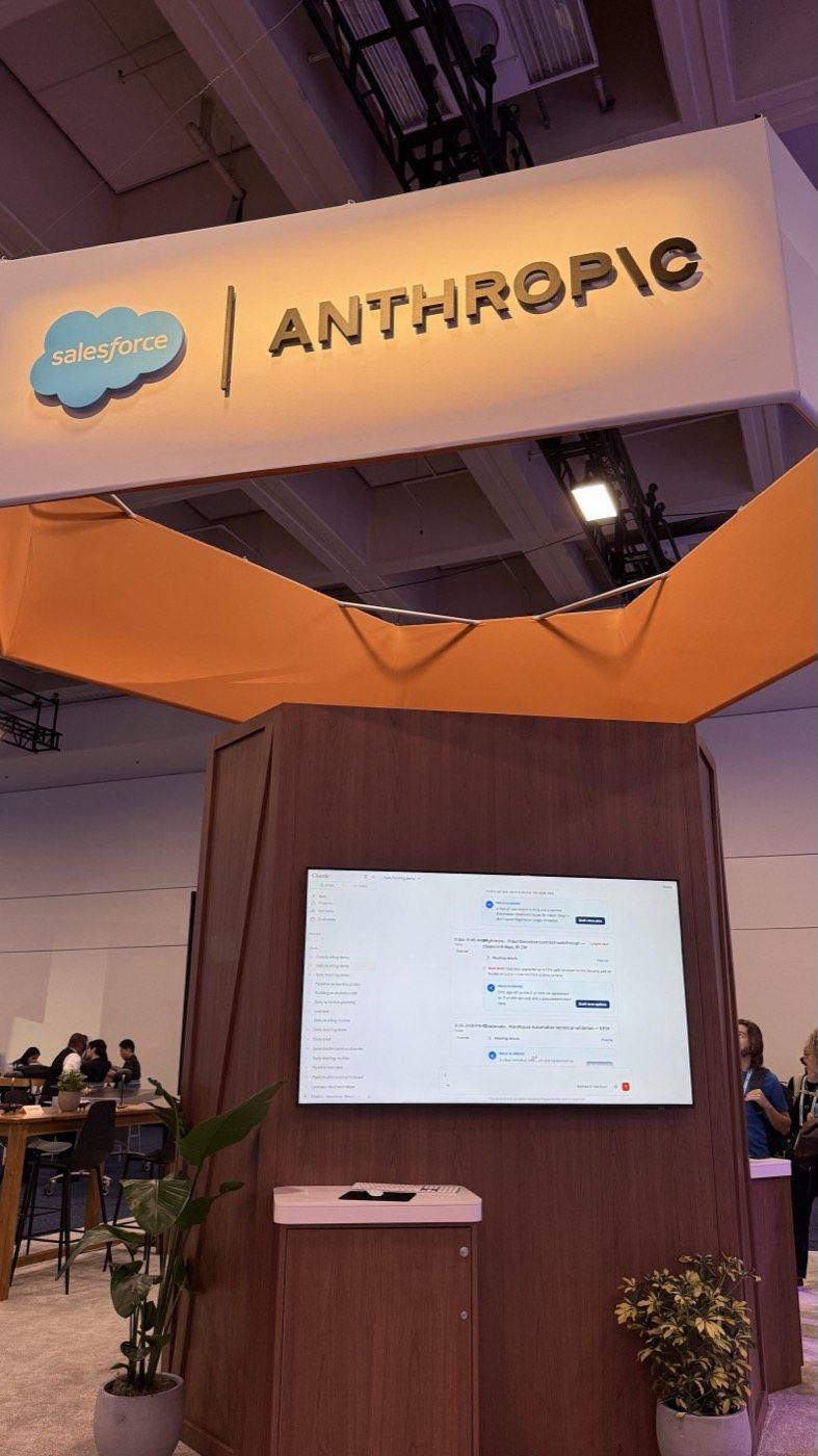 The joint Salesforce and Anthropic stand inside the hall, one of the partnerships announced at the event.