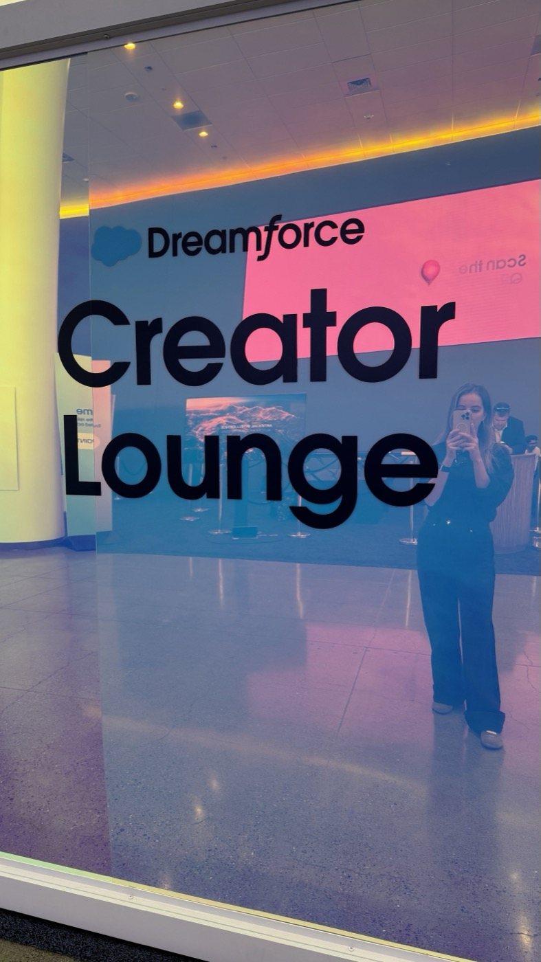 A sign inside the venue reads Dreamforce Creator Lounge, one room among the 1,600 plus sessions listed in Salesforce's programme.