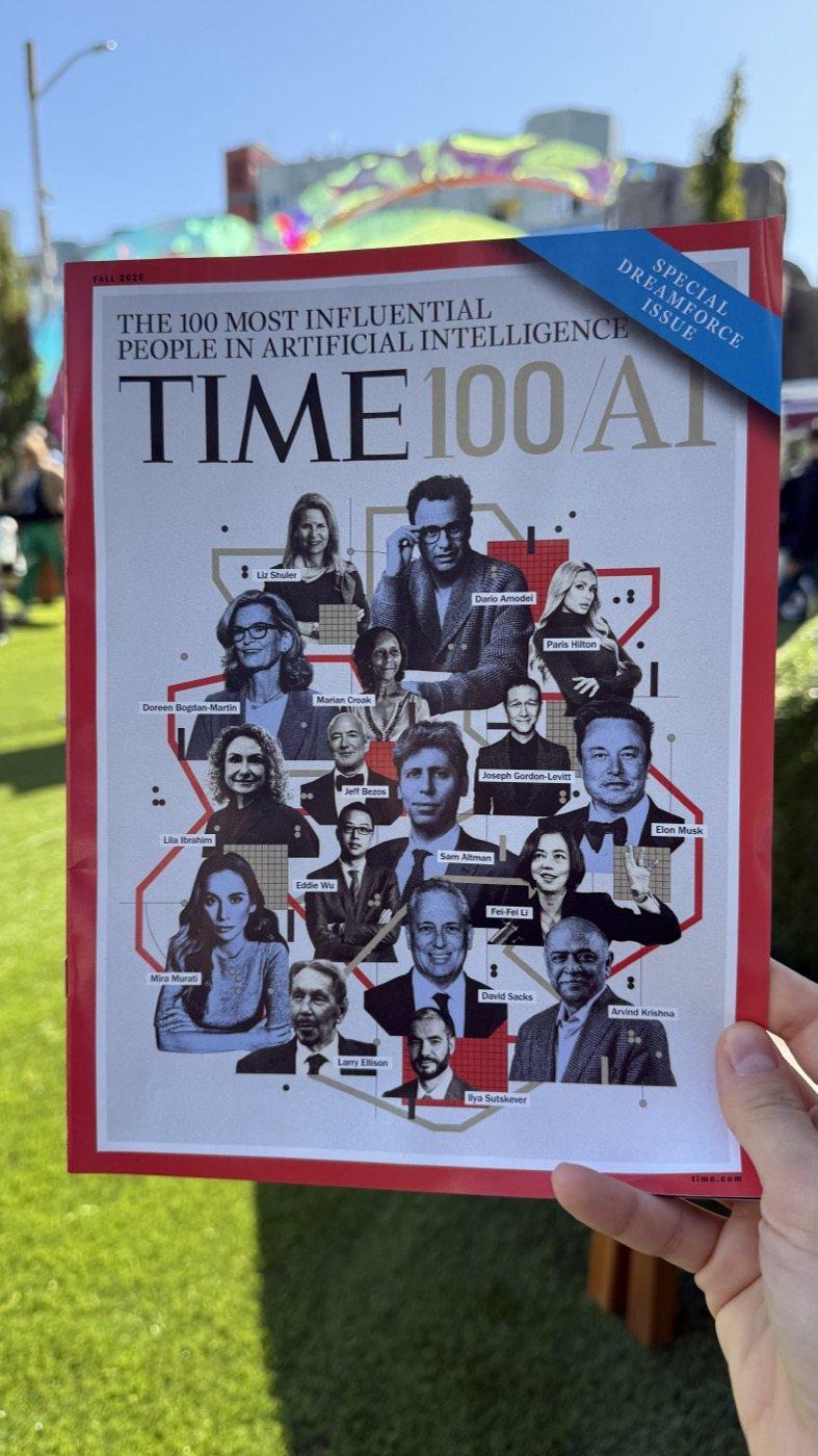 A TIME magazine "TIME 100 AI" cover held up on the lawn outside Moscone.