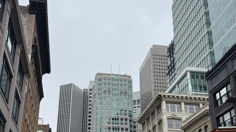A bike lane on a downtown street runs towards Salesforce Tower on the morning of the main keynote, 15 September 2026.