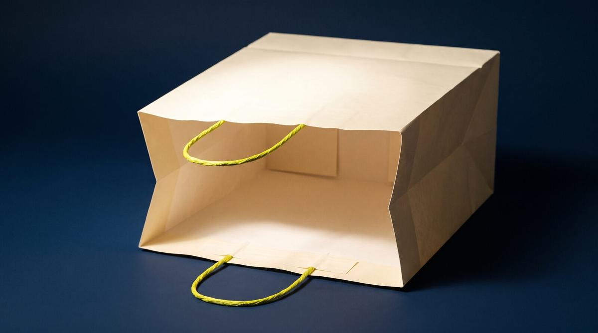 A cream paper shopping bag standing open and completely empty on a smooth navy surface, its twisted handles acid yellow-green, lit hard from one side
