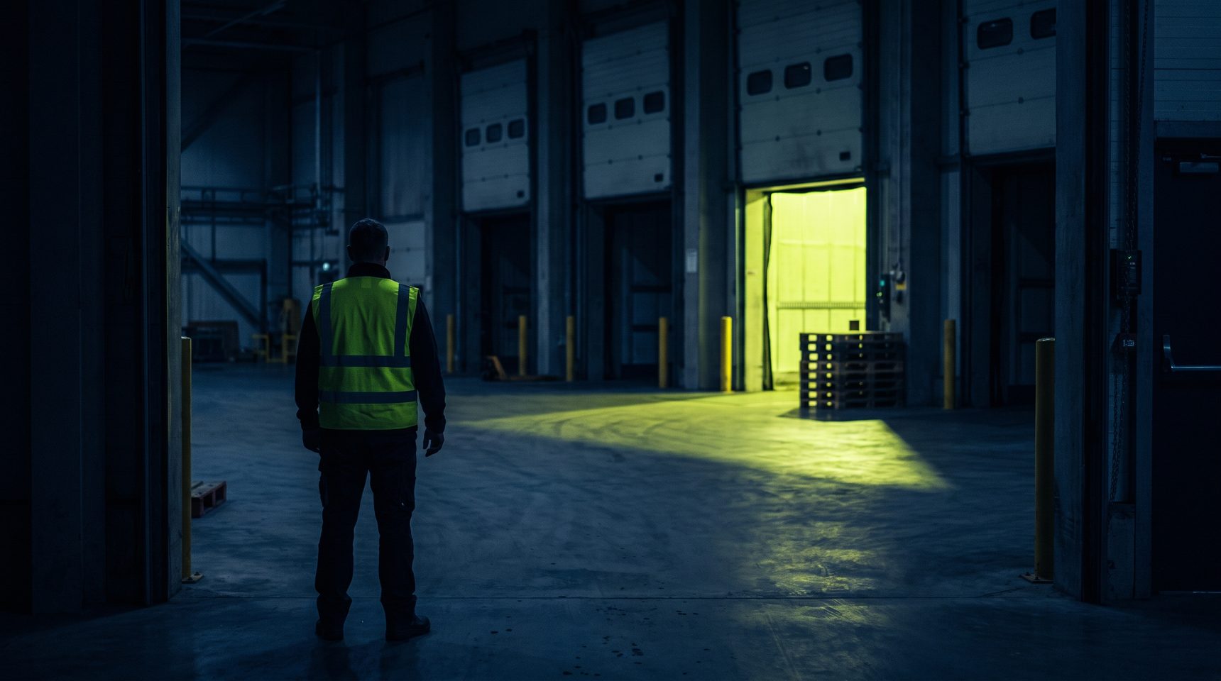 A worker in a high-visibility vest stands with their back to the camera at the mouth of a dark warehouse, four loading bays receding into shadow, daylight from one open bay falling in a bright yellow-green wedge across the floor.