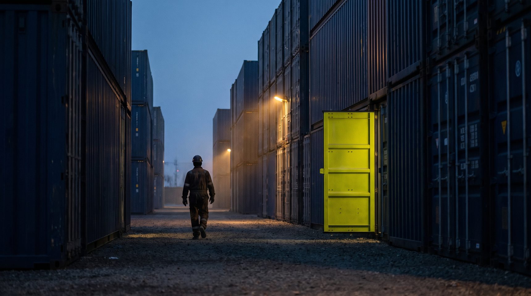 A worker walks away down a corridor of navy shipping containers at dusk, a single container door painted bright yellow-green among hundreds of dark ones.