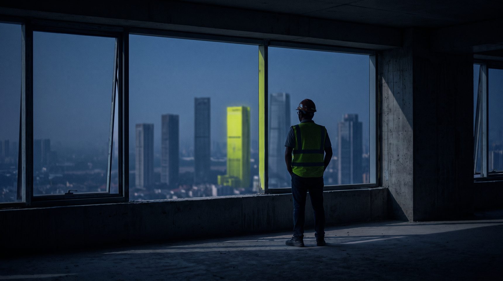 A construction worker in a hard hat and high-visibility vest stands with their back to the camera on the unfinished concrete floor of a residential tower at dusk, a city skyline through the open window openings, one distant tower lit bright yellow-green.