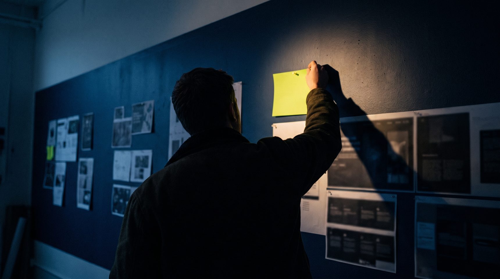 A person seen from behind reaches up to pin a single bright yellow-green sheet onto a dim studio wall covered edge to edge with dozens of printed layouts.