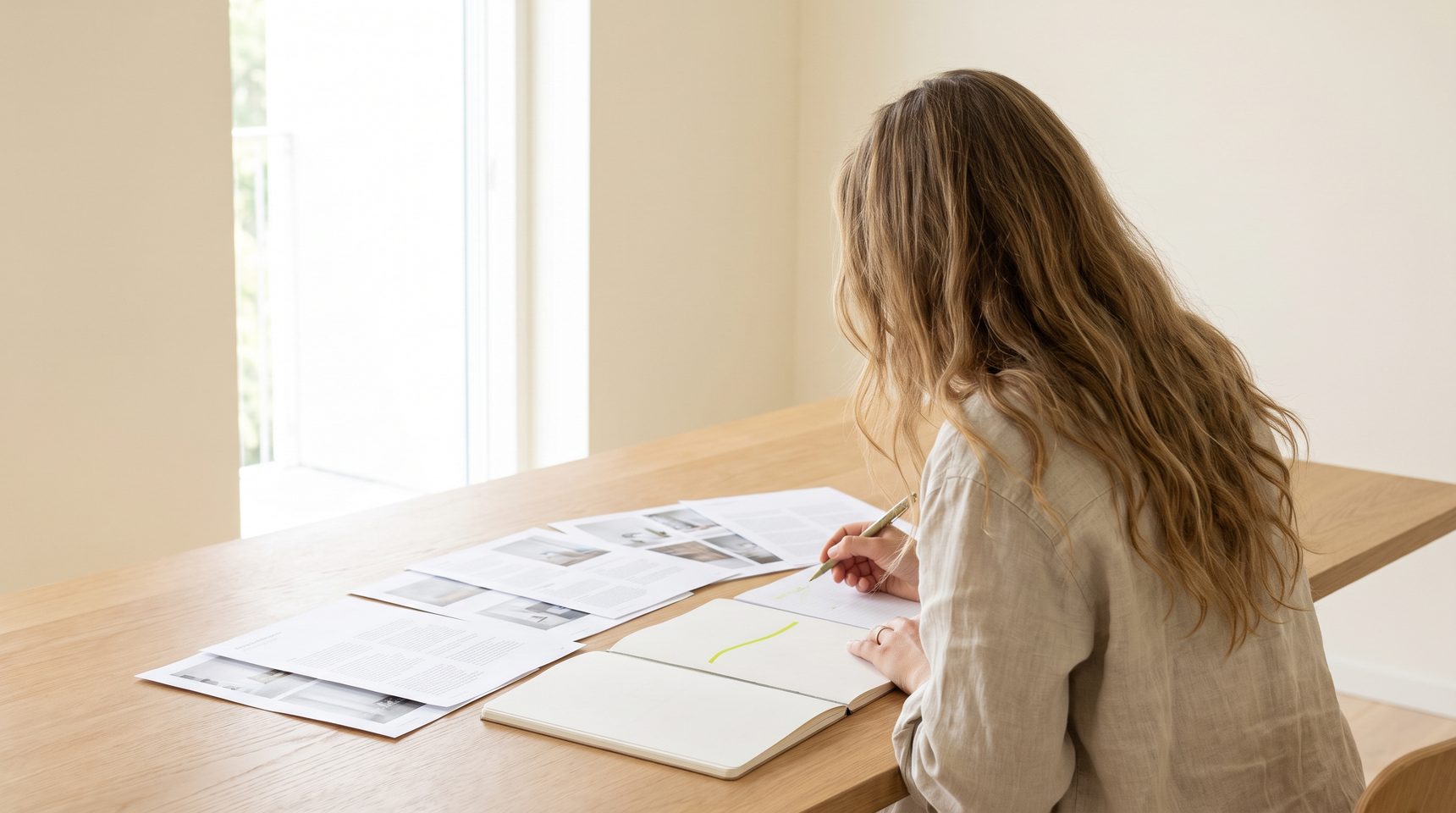 A woman with long hair, seen from behind, works at a light wooden desk beside a bright window, printed pages spread in front of her and one line drawn in yellow-green.
