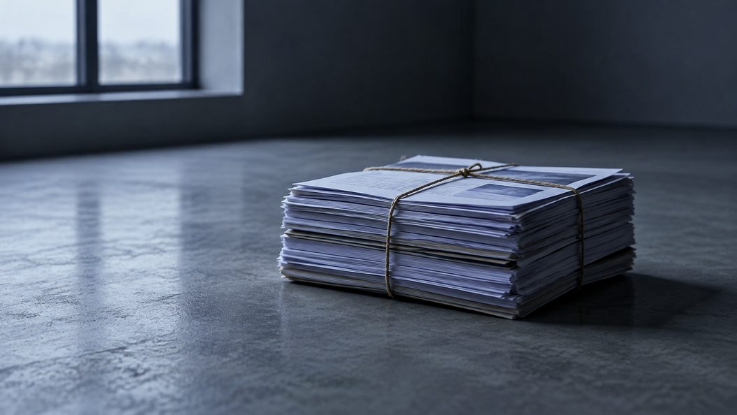 A thick bundle of printed reports on a bare concrete floor, still tied shut with string and never opened