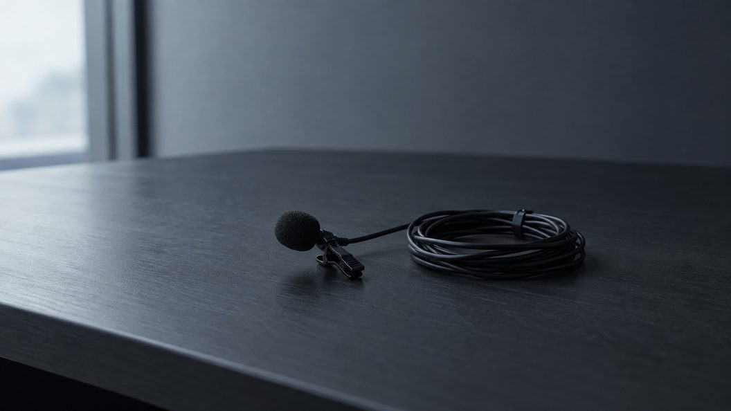 A single small black lavalier microphone with its cable coiled neatly beside it, alone on a bare dark table in an empty room