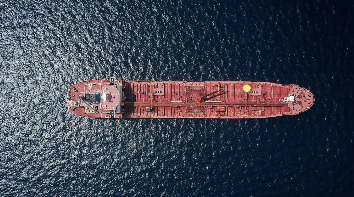 An oil tanker at sea, aerial view.