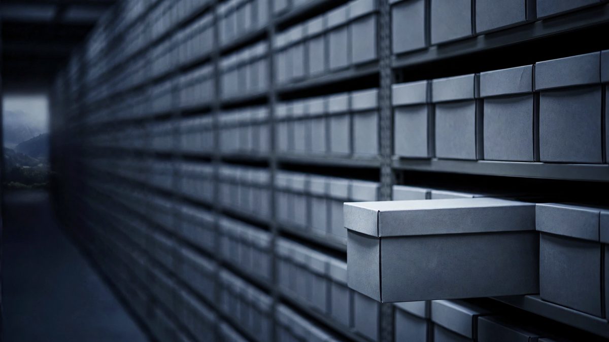 A long wall of identical grey archive boxes receding into shadow, with one single box pulled out and lit