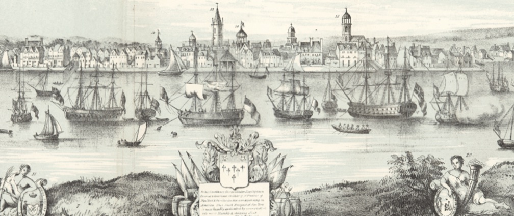A period engraving of a colonial harbour in the late 1700s: sailing ships at anchor before a waterfront town, with an ornamental coat of arms below.