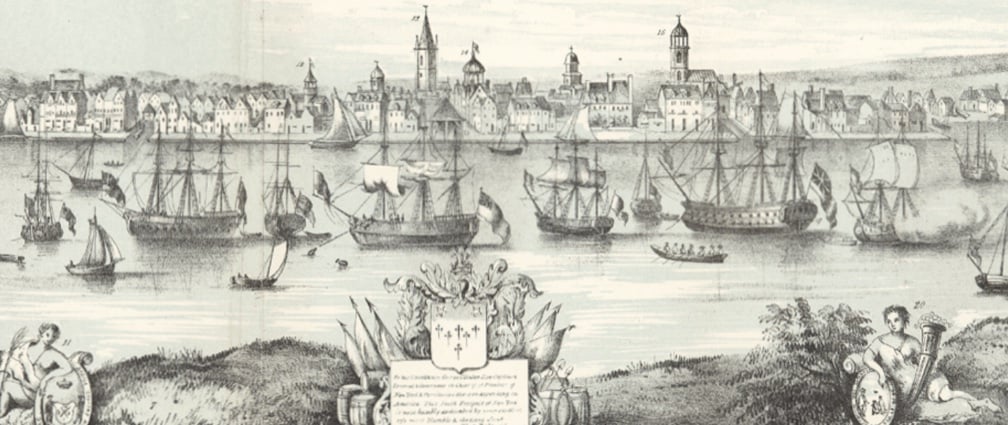 A period engraving of a colonial harbour in the late 1700s: sailing ships at anchor before a waterfront town, with an ornamental coat of arms below.
