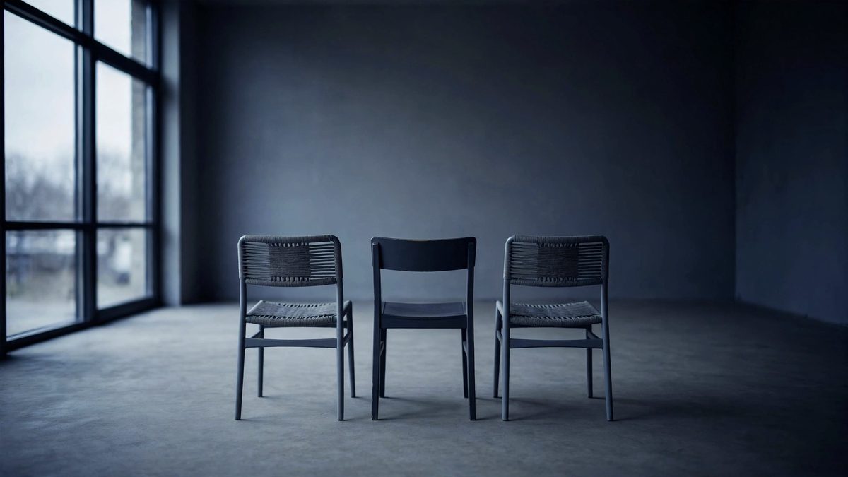 Three empty chairs standing together in the middle of a large bare room