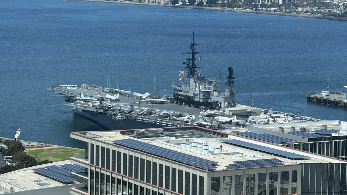 View from the Manchester Grand Hyatt, floor 26, the Port of San Diego with the USS Midway moored.