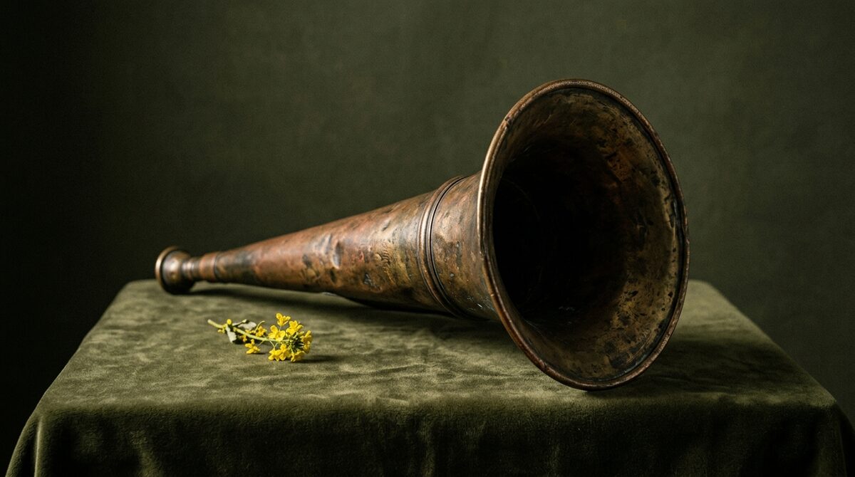 Antique brass speaking trumpet resting on dark olive velvet, lit from one side