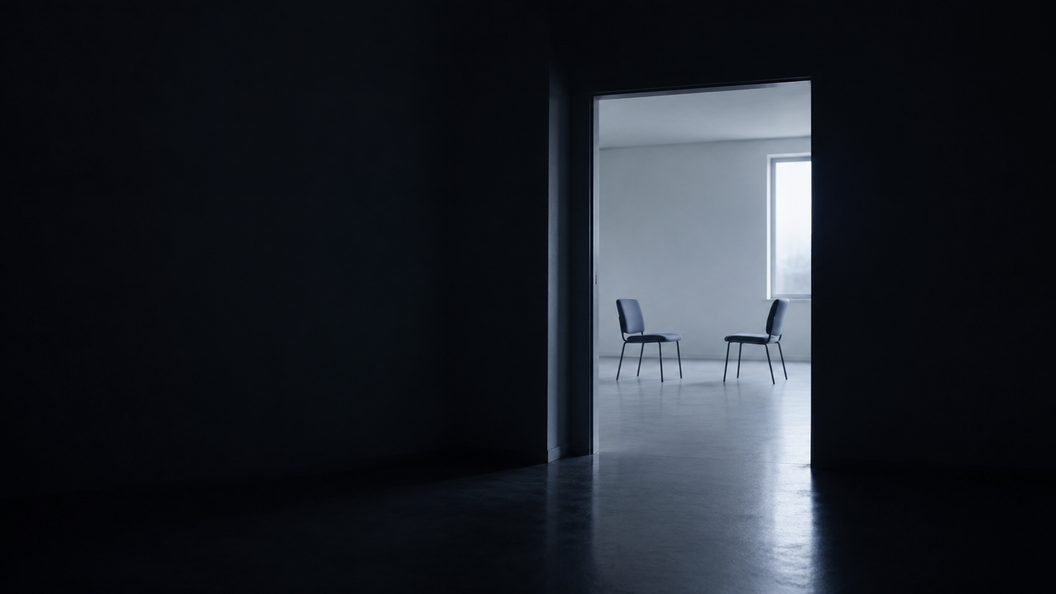 A dark empty room in the foreground, and through an open doorway a brightly lit bare room with two plain chairs facing each other