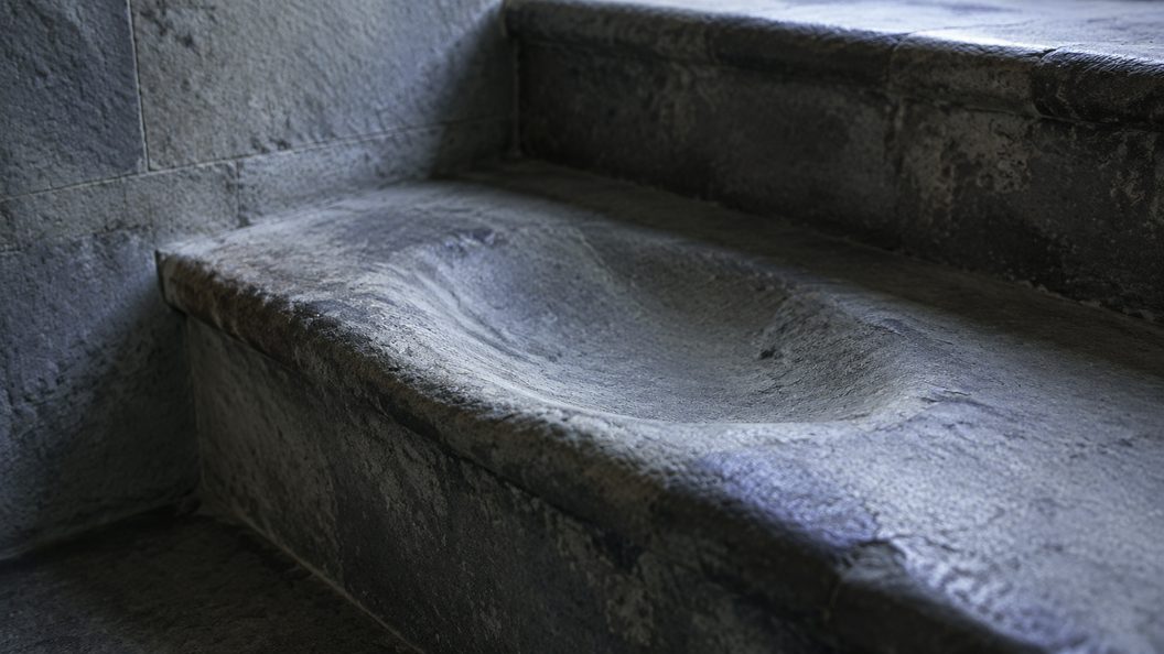 An old stone stair tread worn into a smooth shallow hollow by generations of footfall
