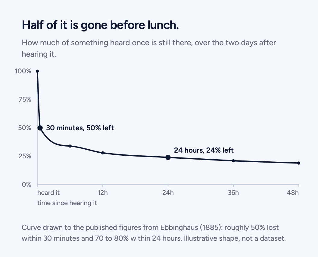 A falling curve titled half of it is gone before lunch, showing how much of something heard once is still remembered over the following two days. It drops to 50 per cent within 30 minutes and to 24 per cent by 24 hours, then flattens out near 19 per cent at 48 hours.