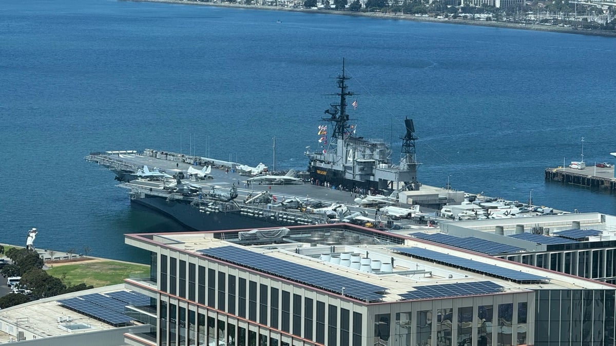 View from the Manchester Grand Hyatt, floor 26, the Port of San Diego with the USS Midway moored.