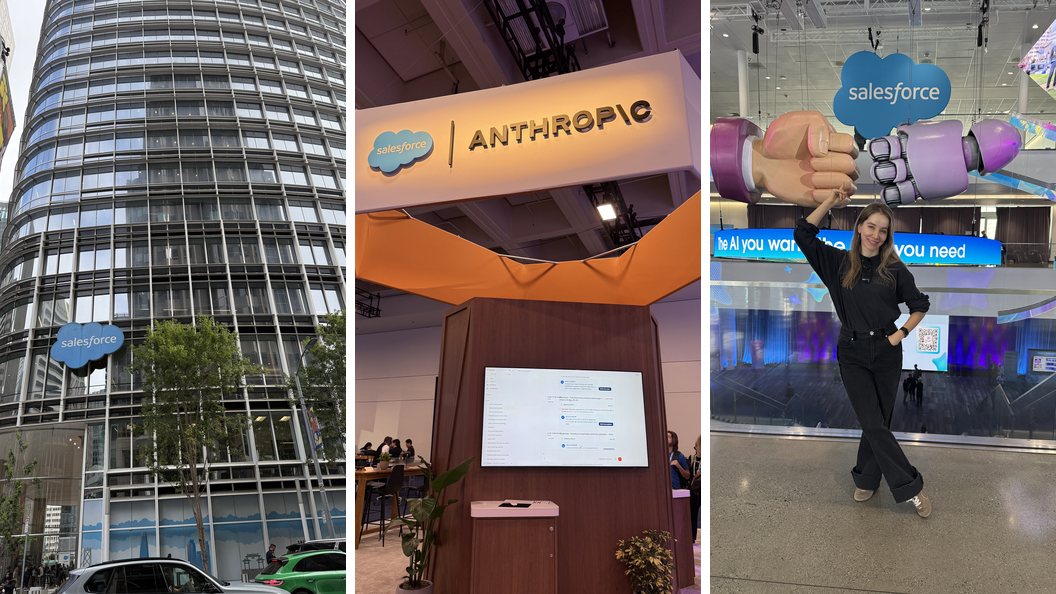 Three photographs side by side: the Salesforce Tower seen from street level, the Salesforce and Anthropic stand inside the hall with a screen showing an agent working through a task list, and Anne Becheru standing under a giant sculpture of a human hand and a robot hand meeting