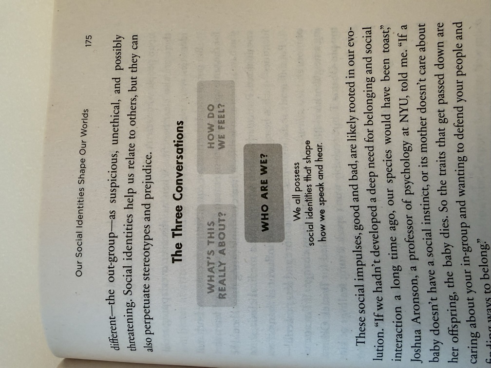 A page from Supercommunicators headed The Three Conversations, showing three boxes: what's this really about, how do we feel, who are we